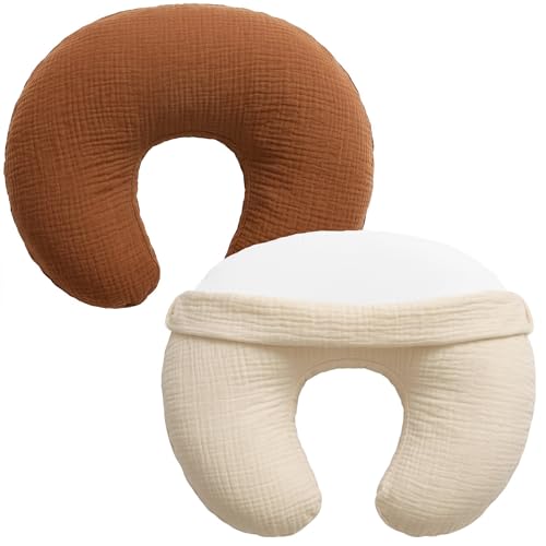 Image of Pro Goleem Muslin Nursing Pillow Cover, 100% Cotton Soft Breathable Feeding Pillow Slipcover for Breastfeeding Moms, Fits Standard Infant Nursing Pillow, for Boys and Girls, 2 Pack (Brown＆Beige)
