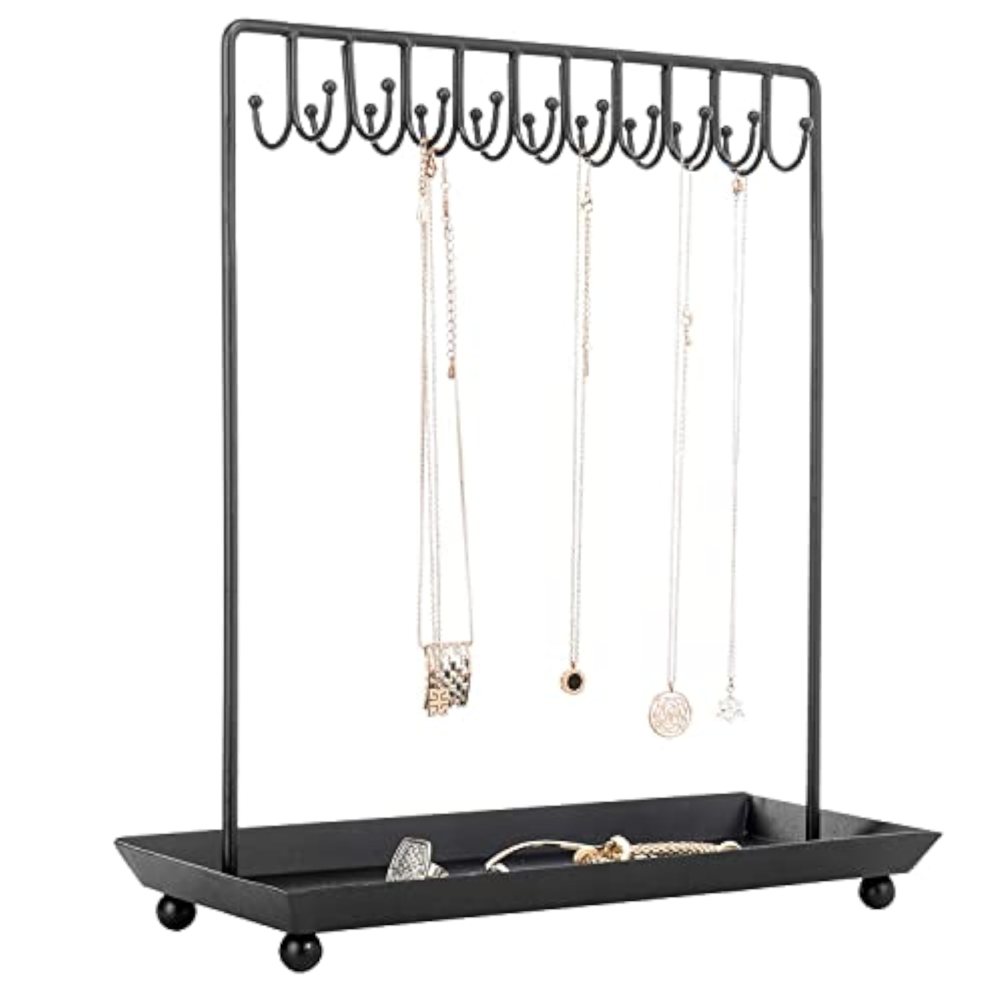 Metal Tabletop Necklace Organizer Stand with 20 Hooks & Ring Tray