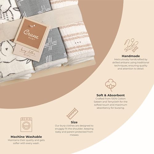 Crane Baby Muslin Baby Burp Cloths, Lightweight Absorbent Burp Cloth, Woodland Animal, Set of 3, 7\" x 20\", Newborn Baby Essentials, Burp Cloths Baby Boy, Burp Cloths Baby Girl, Baby Newborn Essentials
