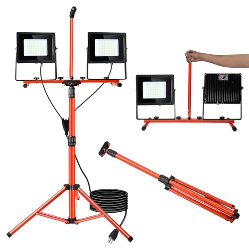 LEDMO 26000 Lumen Led Work Light with Tripod Stand 200W IP65 Waterproof Adjustable Angle Portable Led Work Floodlights with 76.8in Metal Telescoping Tripod for Warehouse, Yard, Job site