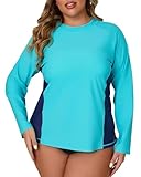 Halcurt Womens Plus Size Long Sleeve Rash Guard Swim Top with Built in Bra Loose Fit UPF50+ Sun Protection Swimsuit Turquoise Navy 3X