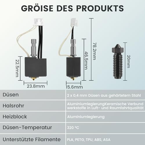 Hotend Kit für Anycubic Kobra S1 - Upgrade mit 2x 0,4 mm Hartstahl-Düsen | Plug & Play | Kompatibel mit Anycubic Kobra S1/S1 Combo 3D - Drucker（PLA, ABS, TPU, Nylon Filamente）