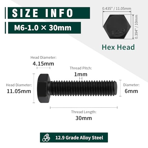 Image of M6-1.0 x 30mm Hex Bolts, 12.9 Grade Alloy Steel, Black Oxide Finish, Full Thread, Coarse Thread UNC, Hexagon Head Bolts 25 PCS