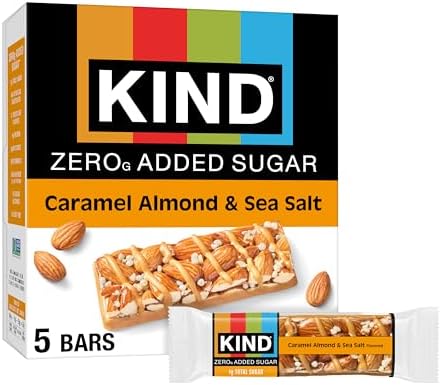 Kind Zero Added Sugar Healthy Snacks Bars, Caramel Almond & Sea Salt, Gluten Free, High Fiber, Keto Snacks, 5g Protein, 5 Count