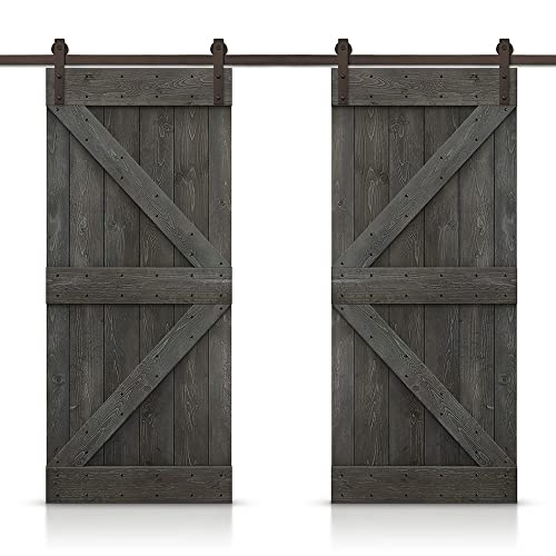 TMS K Series Stained Solid DIY Knotty Pine Wood Interior Double Sliding Barn Door with Sliding Hardware Kit (36\'\' X 84\'\', Carbon Gray)