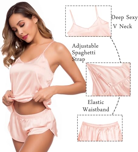 Image of SWOMOG Womens Silk Satin Pajamas Sets 4pcs Sleepwear Sexy Cami Shorts Set and Button Down Short Sleeve Pjs Loungewear Blush Pink Medium