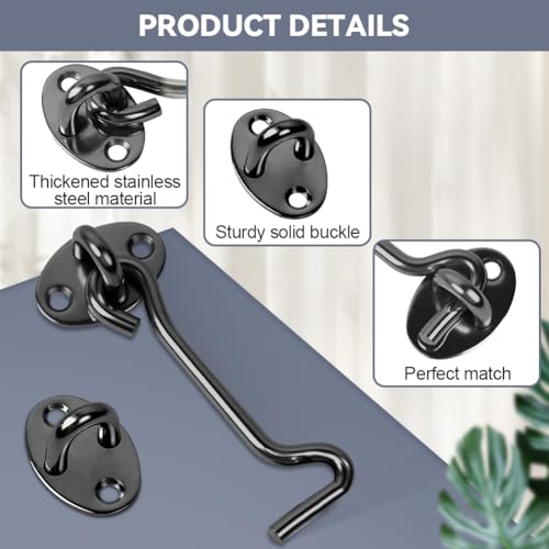 Flintronic 2 Stück Sturmhaken, 3 Zoll Edelstahl Kabinenhaken, Riegel Tür Sturmhaken, Torhakenschloss mit Schrauben Haken, Tuer Haken für Garagentor Fenster Scheunentor Türschlösser(Schwarz)