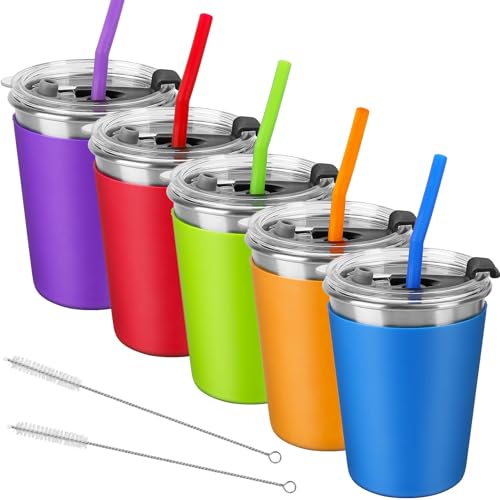 Vermida Kids Cups with Lids and Straws, 12oz Kids Tumblers with Straws and Lids Spill Proof Cups for Kid Stainless Steel Sippy Cup for School, Outdoor, 5 Pack