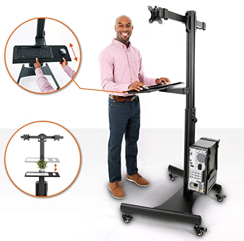 Stand Steady Dual Monitor Mobile Workstation With Keyboard Tray, Cpu Holder And Locking Wheels | Height Adjustable Vesa Mounts For Two Monitors | Supports Screens From 13 To 32 Inches (Black) #TOP7