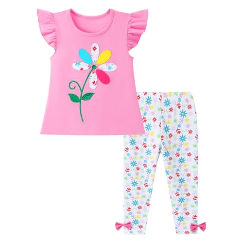Image of HILEELANG Toddler Girl Easter Outfit Spring Summer Cotton Leggings Pants Tees Shirts Clothing Sets