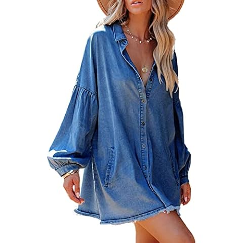 VIEWON Women's Casual Loose Button Up Ripped Hem Denim Shirt Long Sleeve Turn Down Collar Drop Shoulder Blouse Dark Blue S Cover