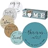 Queekay Housewarming Gifts for New Home 5 Wooden Coasters and 1 Farmhouse Trivets for Hot Dishes Round Wood Hot Pads Set with Holder for Home Decoration 7 Inch and 4 InchRetro Brown Classic Color