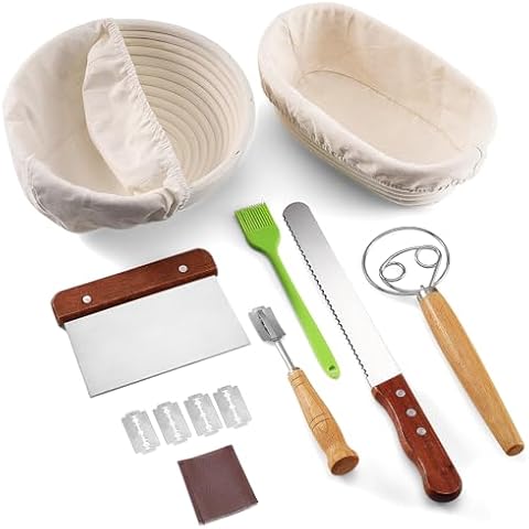 VOOVOO Banneton Bread Proofing Basket, 9" Round & 10" Oval Sourdough Proofing Basket with Essential Baking Accessories and Tools, Natural Rattan Sourdough Bread Baking Supplies for Baking Fermentation Cover