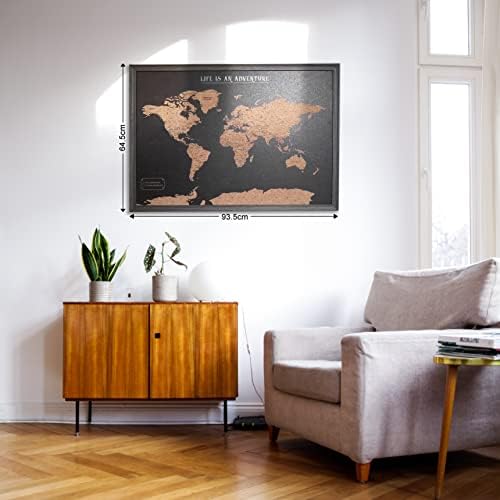 Splosh - Large World Map Pin Board in a Black Wooden Frame for Travel. The Travel map corkboard Comes with 2 Sets of pins to Personalise Your World Travel Adventures.