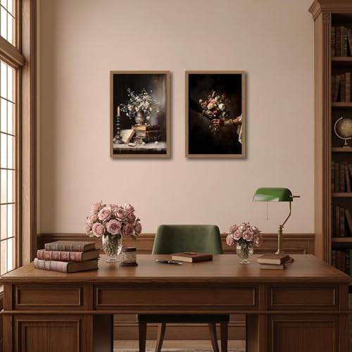 2Pcs Framed Vintage Gothic style Candles and books Floral Still Life Wall Art Dark flowers Hands Holding Bouquet Canvas Printing Elegant Picture for Home Decor for Living Room Bedroom Office16x24in by UOBXQW - Used condition - Image 4