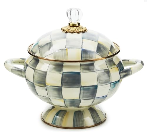 MACKENZIE-CHILDS Sterling Check Enamel Tureen, Hand-Painted, Gold Accents