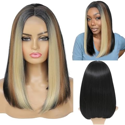 meiliprotea Highlight Blonde Bob Wig Lace Front Middle Part Straight Bob Closure Wig 15 Inch Shoulder Length Bob Wigs Piano Color Synthetic Lace Front Wig for Women Daily Party Use (Piano Color) Cover