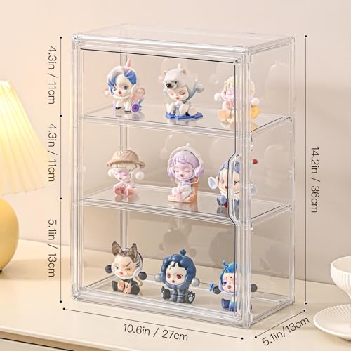 Image of 3 Tier Clear Display Case for Figures, Wall-Mounted Acrylic Storage Organizer Box, Stackable Display Cabinet with Magnetic Door & Removable Shelves, Showcase for Collectibles, Figures