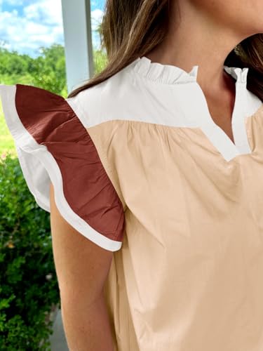 Image of Tankaneo Womens Color Block Ruffle Top Summer Puff Sleeve V Neck Blouse | Summer Casual Dressy Tank Tops, V Neck, Pleated Blouse, Loose Fit, Sleeveless