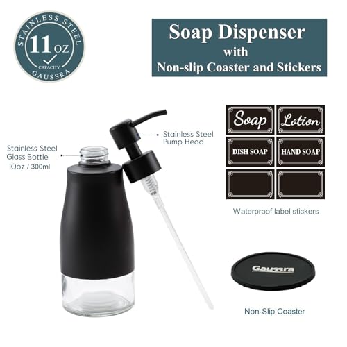 Gaussra Black Soap Dispenser with Coasterand Stickers, Refillable Liquid Stainless Steel Soap Dispenser for Kitchen Sink, Bathroom Countertop (11OZ / 320ML) by Gaussra - Image 3