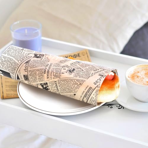 150 Sheets Newspaper Food Wax Paper, 9.8x8.3in Newspaper Print Grease Proof Deli Sandwich Wrap Food Grease Resistant Paper for Home Kitchen (Yellow)