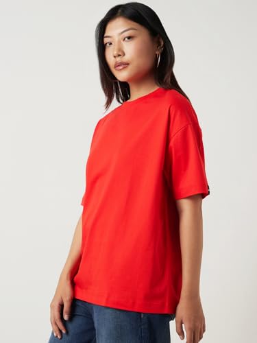 Image of Bewakoof Women's Solid Oversized Fit Half Sleeve Round Neck Cotton Jersey T-Shirt