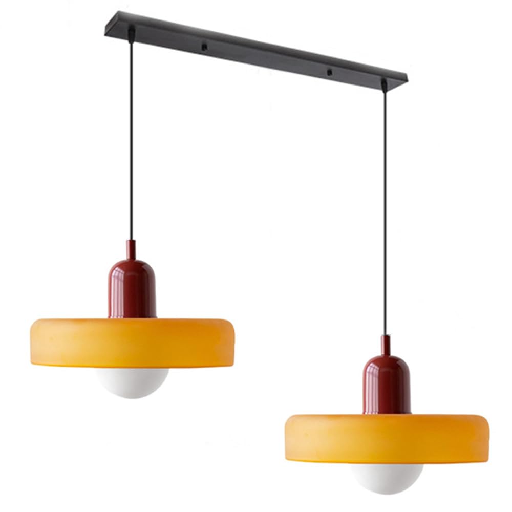 GGBBJJ 2 Lights Industrial Vintage Glass Pendant Light Mid Century Modern Orange Hanging Ceiling Lamp Linear Farmhouse Large Chandelier for for Kitchen Bedroom Dining Room Loft, with White Bulb