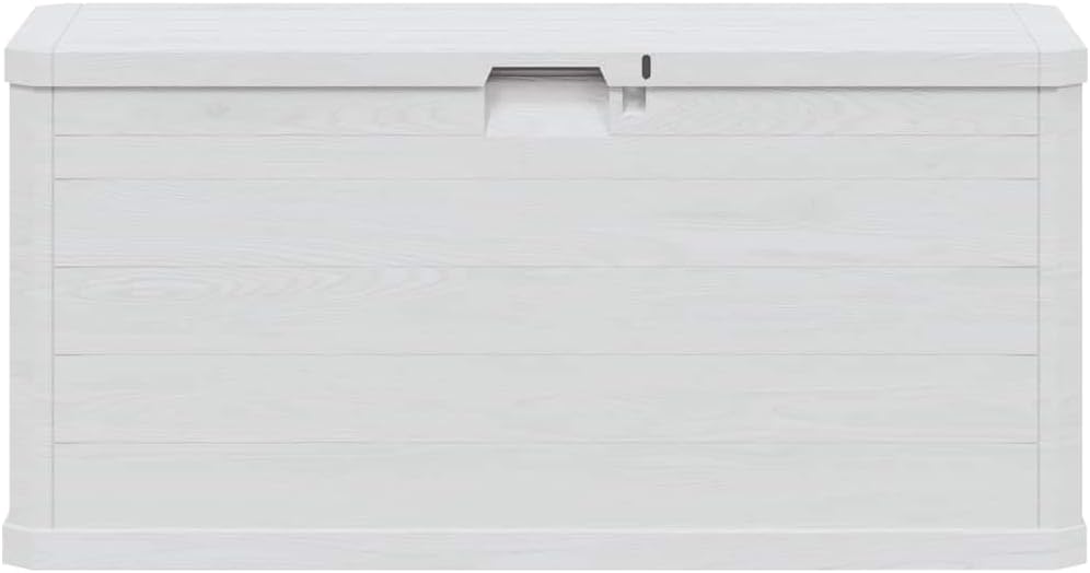 Light Grey Plastic Storage Box with Wood Texture Medium 74.6 Gallon Capacity Rectangular Outdoor Storage Chest for Patio, Deck, Garage, Indoor Use, Waterproof Deck Box