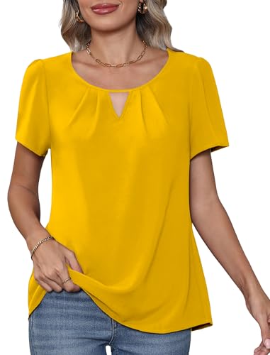 Image of YGJIEGENG Chiffon Women's Summer Blouses Ladies Tops Elegant Short Sleeve Casual Fashion Crew Neck T Shirts Yellow L