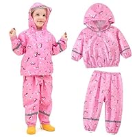 JinBei Kids Waterproof Trousers and Jacket Lightweight Girls Raincoat Hooded Breathable Rainwear with Reflective Stripes 2 Piece Set Cartoon Animal Prints Pink for Children 2-3 Years