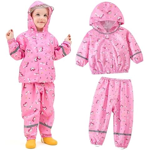 JinBei Kids Waterproof Trousers and Jacket Lightweight Girls Raincoat Hooded Breathable Rainwear with Reflective Stripes 2 Piece Set Cartoon Animal Prints Pink Cover