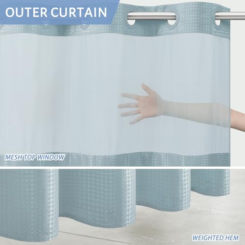 Image of Furlinic No Hook Needed Shower Curtain 71x75 Inch,Waterproof 180GSM Fabric with Magnetic Weighted Hem and Fog Blue Waffle Weave,Machine Washable Hotel-Grade Bath Curtain with Clear Window.
