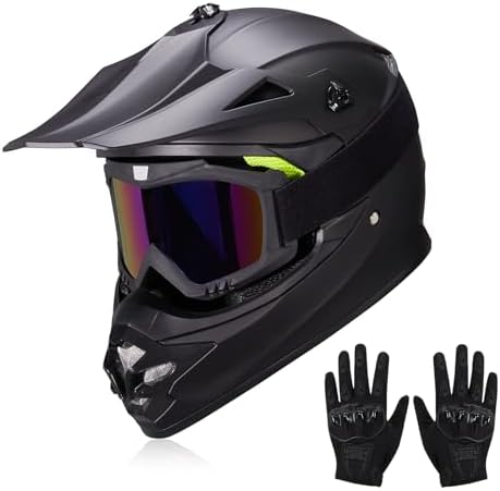 JQF Gear Youth Kids Dirt Bike Helmets Motocross Offroad ATV BMX MX Dirtbike Motorcycle Helmet J-01 with Goggles and Gloves DOT Approved (Flat Black, M)