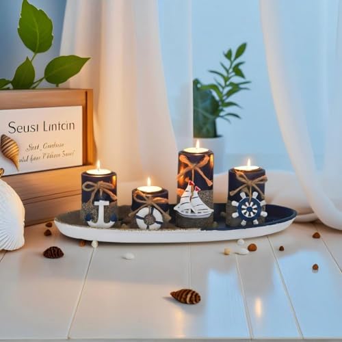 Candle Holders Set of 4 with Wooden Candle Tray, Ocean Marine Candlestick Tealight Holders for Bedroom, Table Decorarion, Ornaments for Living Room, Bathroom, Friends Birthday Gifts (Quadruple)