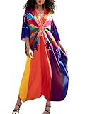 Chunoy Women Knot V Neck Kimono Sleeve Oversized Kaftan Dresses Bathing Suit Beach Cover Up Side Split Dress Rainbow Butterfly