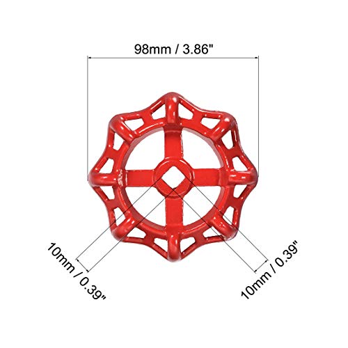uxcell Metal Outside Faucet Round Wheel Handle, Square Broach 10x10mm, Wheel OD 98mm Paint Cast Steel Red 2Pcs by uxcell - Image 2