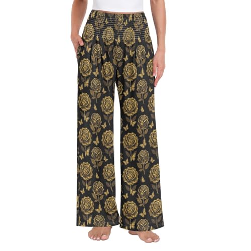 Pantalon Palazzos luxe or rose avec poches. Design papillon raffiné.