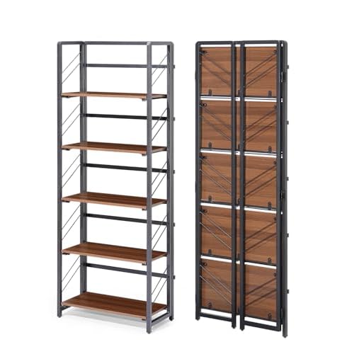 Garvee No-Assembly 5-Tier Folding Bookshelf, Vintage Bookcase Storage Shelves, Standing Rack Study Organizer for Home Office Brown, Black+brown, 5 tie