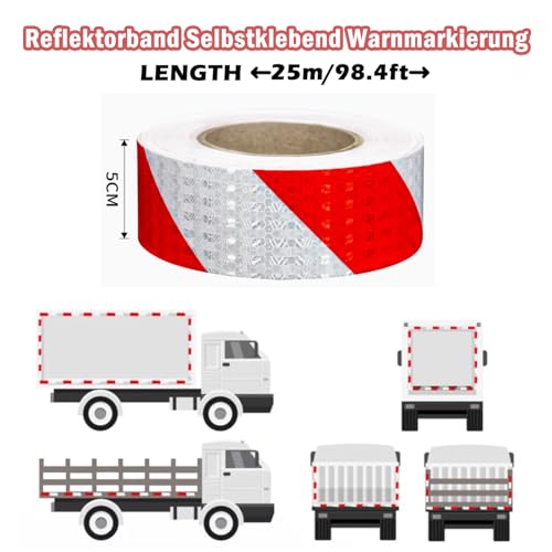 Reflektierendes Klebeband Rot & Weiß 25m X 5cm Selbstklebend Reflektor Klebeband Hohe Intensität Reflektorbänder Reflektoren Aufkleber Wasserdicht Aufkleber Reflektierend für Fahrrad, Fahrzeuge, Autos