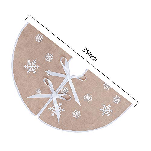 Macting Countryside Burlap Tree Skirt Christmas White Snowflake Printed Xmas New Year Holiday Decorations Indoor Outdoor (Khaki, 35") #TOP4