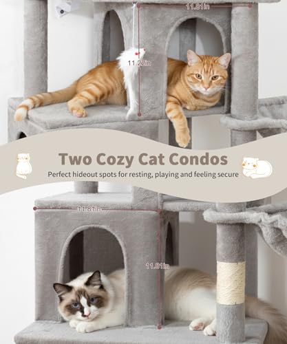 Image of 74 Inch Heavy Duty Cat Tree for Large Cats, Multi-Cat Tower with 3 Condos, Tall Cat Condo with XL Platform, Hanging Basket & Sisal Scratching Posts, PMT04GY, Grey