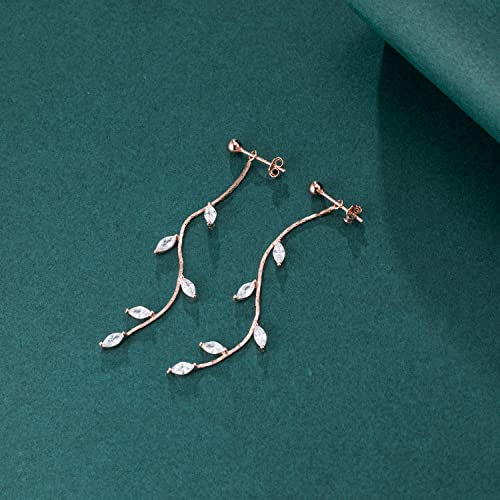 Sluynz 925 Sterling Silver Droplet Dangle Earrings Chain For Women Teen Girls Olive Leaves Threader Earrings Tassel (Rose Gold Plated) #TOP3