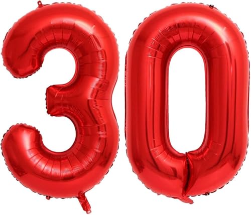 Image of Red 30 Number Balloons,40 Inch 30 Balloons Foil Mylar Helium Big Red 30 Balloon Number for Birthday Party Anniversary Decorations
