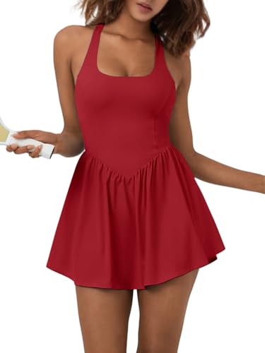 Image of Sexyasasii Women's Summer Athletic Tennis Dress with Built in Shorts and Bra Square Neck Workout Exercise Active Golf Dresses