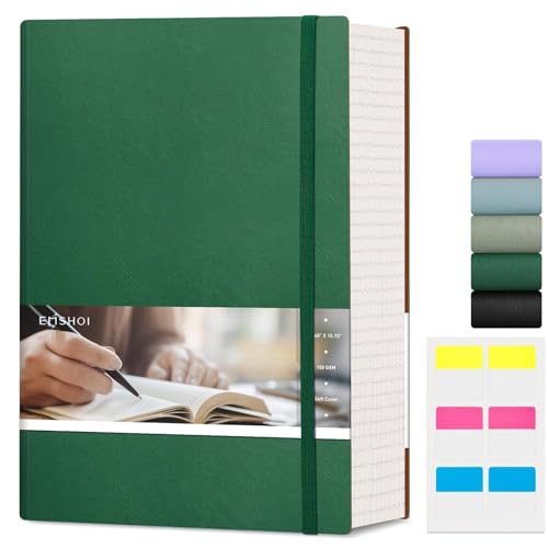 EMSHOI B5 College Ruled Notebook, Large 7.48" x 10.15", 400 Pages 100GSM Ink-Proof Faux Leather Softcover Lay-Flat Lined Journal for Work Office School Bible Study Writing, Dark Green