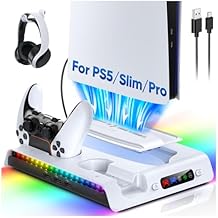 FASTSNAIL Charging Stand with Cooling Fan for PS5 Original/Slim/Pro, Dual Controller Charger Station with 9 RGB Lights, Headset Hook, 3 Cooler Fans and LED, Accessories Kit for PS5/Slim/Pro Console