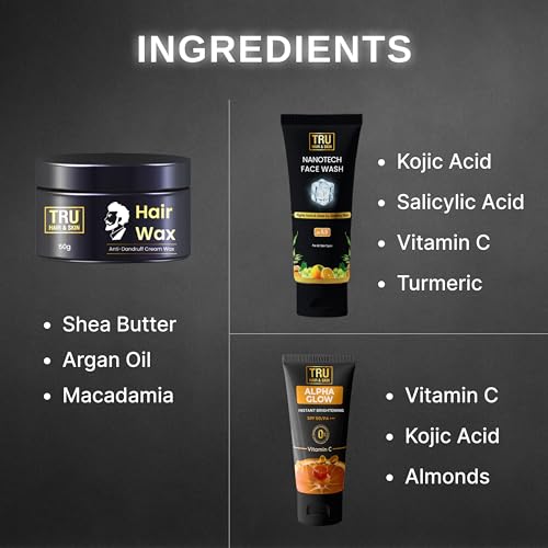 Image of TRU HAIR & SKIN Nanotechnology Facewash-50ml + Alpha Glow Instant Brightening Cream-25ml + Hair Wax Cream-50gm | COMBO