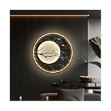 Rundes 3D-Wanddekorationsgemälde mit schwarzem Rahmen, hängendes Eingangsgemälde mit Licht, Teestube, Wohnzimmerwand, Zen-Landschaft, Wandkunst für Zuhause (Beige, 90 x 90 cm) (Beige 70 x 70 cm