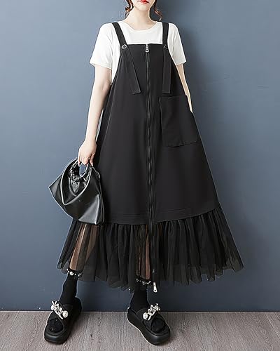 ellazhu Women's Pants Overalls Solid Zip UP Two Side Pockets Tulle Hem Fashion Casual Plus Size Maxi GZ5523