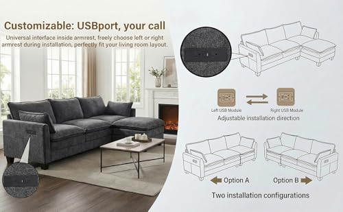 Image of 110.4 inch L Shaped Modular Sectional Sofa, Comfy Upholstery Chenille Cloud Couch with USB, Modern 4-Seat Deep Seat Sofa with Ottoman for Living Room, Apartment, Black